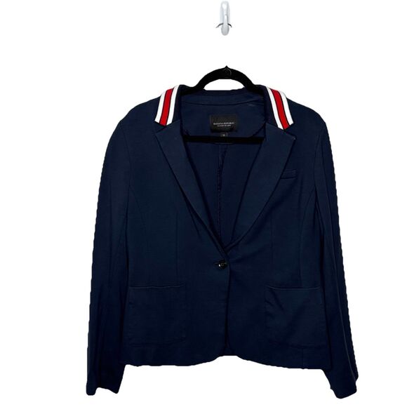 Banana Republic Classic Contrast Striped Collar Navy Blazer Ponte Size 12 Womens - Picture 1 of 6